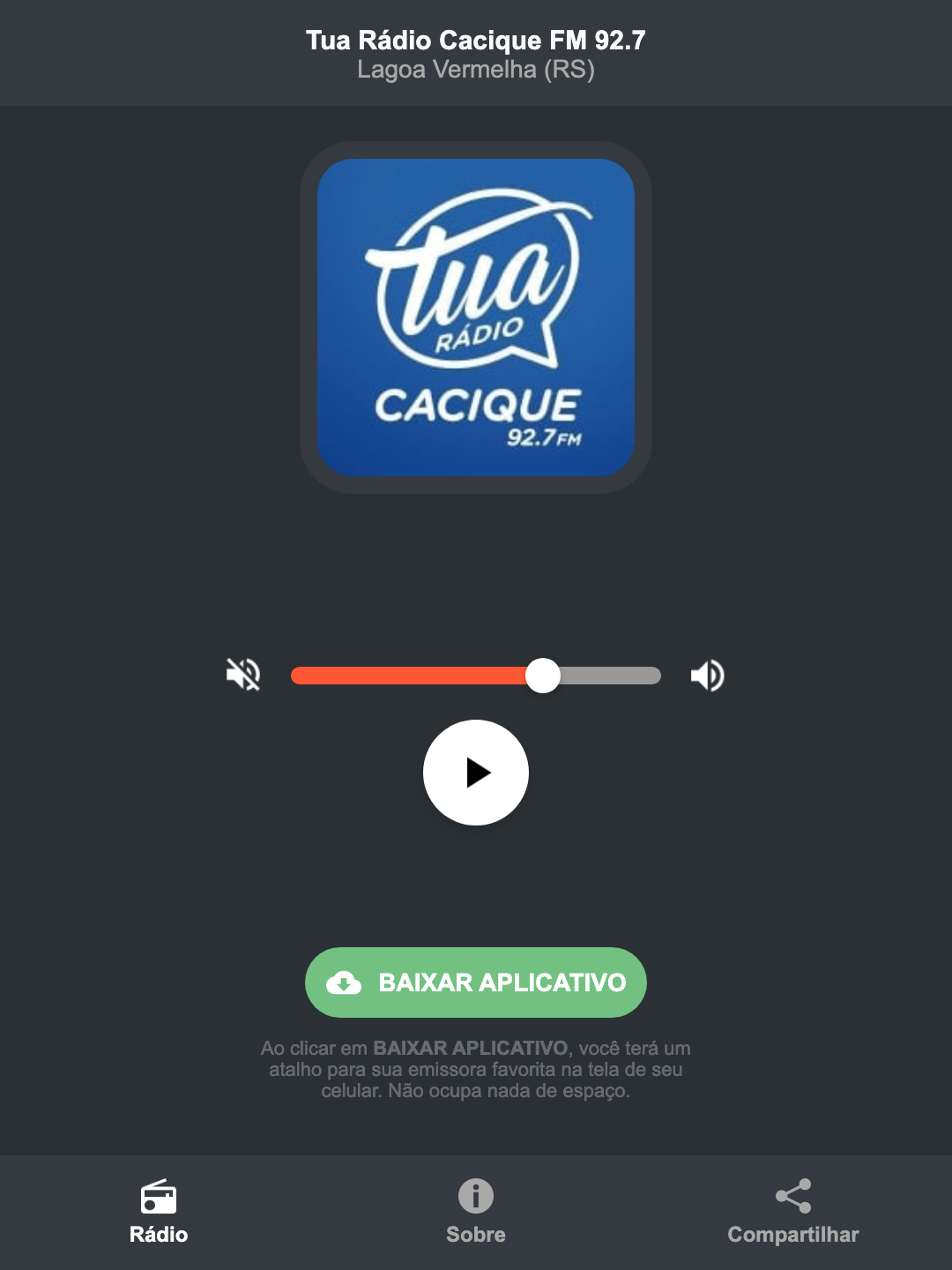 Screenshot do aplicativo da Tua Rádio Cacique FM 92.7