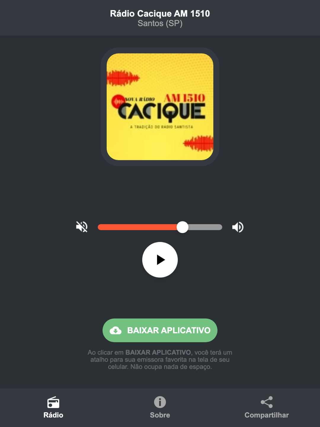 Screenshot do aplicativo da Rádio Cacique AM 1510