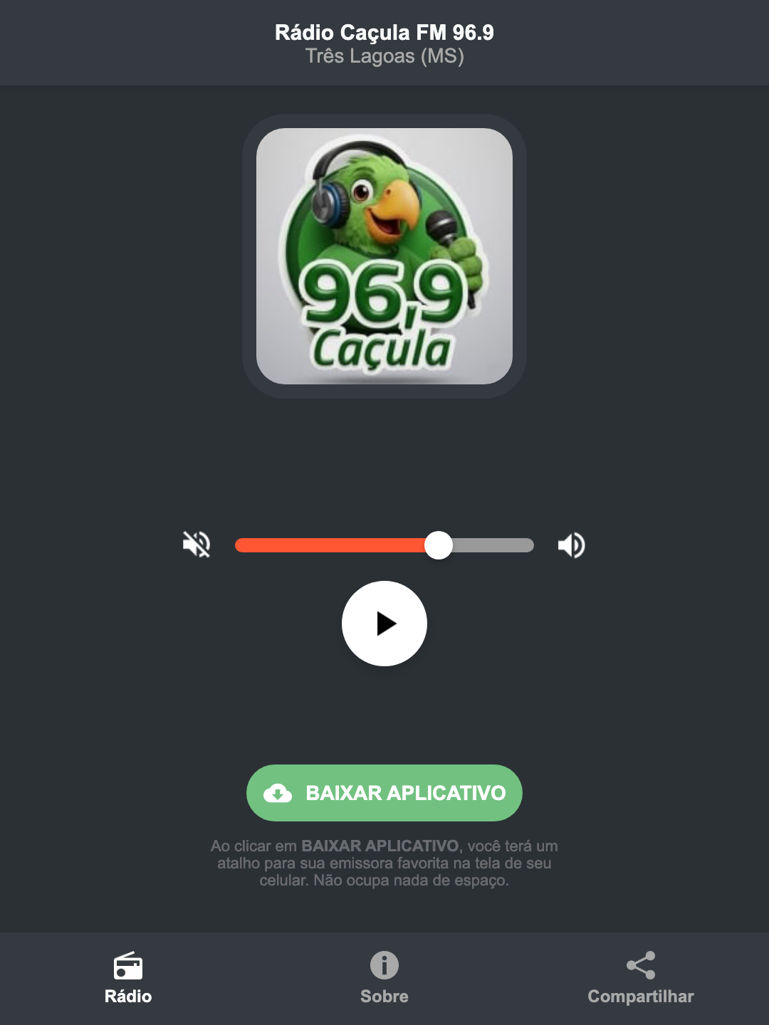 Screenshot do aplicativo da Rádio Caçula FM 96.9