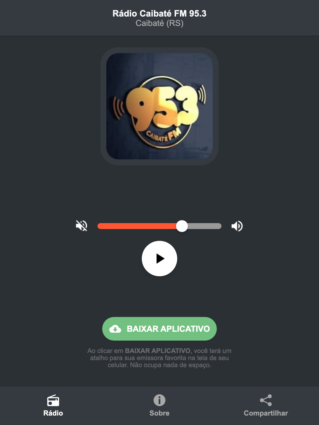 Screenshot do aplicativo da Rádio Caibaté FM 95.3
