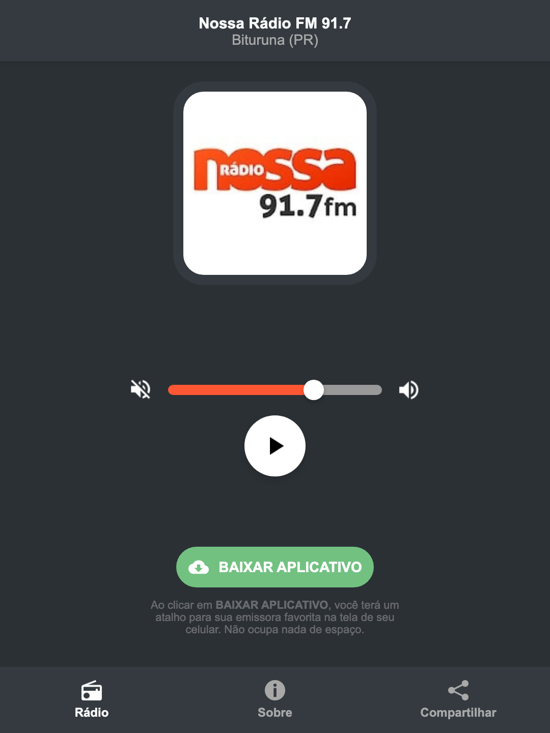 Screenshot do aplicativo da Nossa Rádio FM 91.7