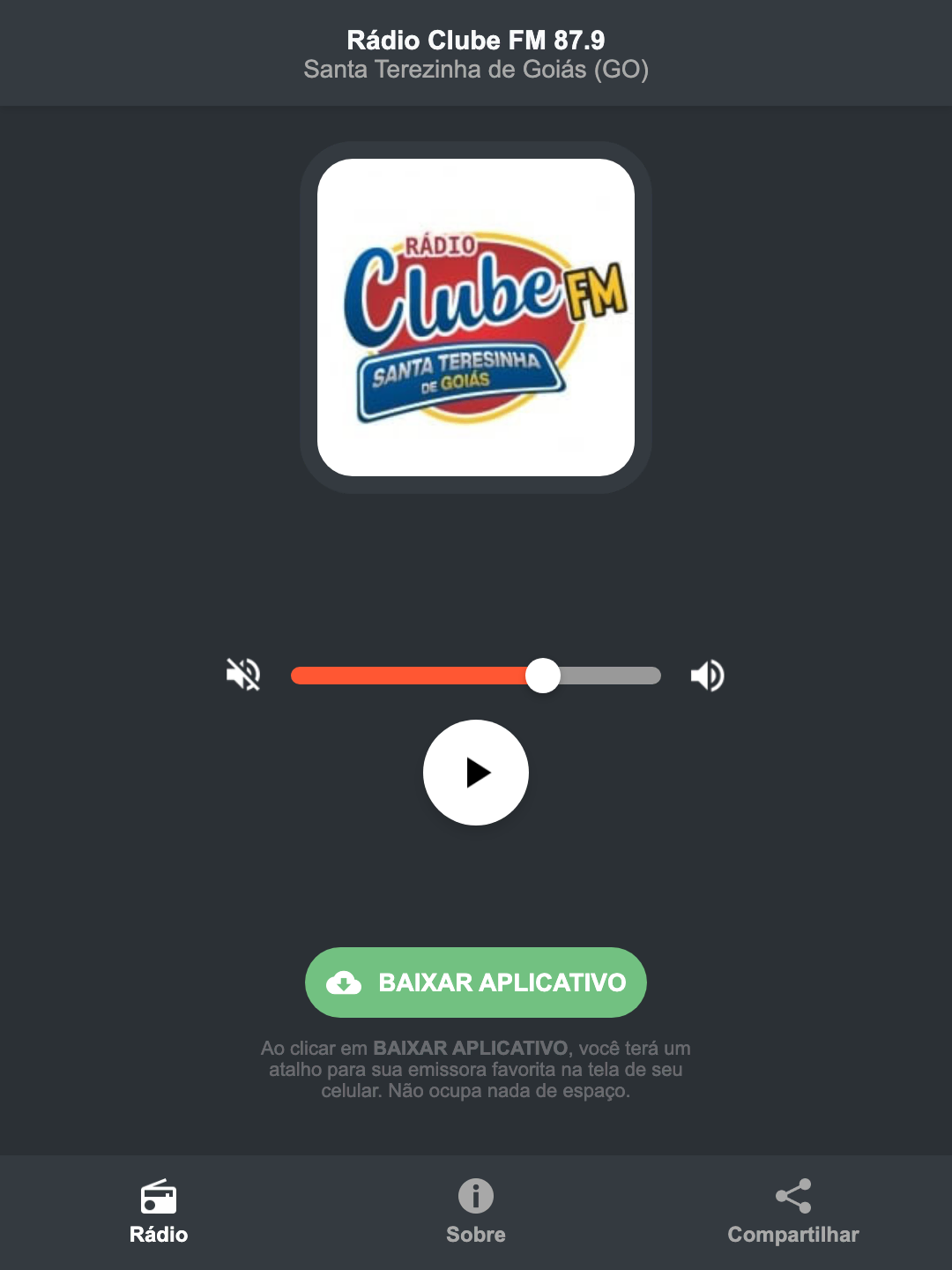 Screenshot do aplicativo da Rádio Clube FM 87.9