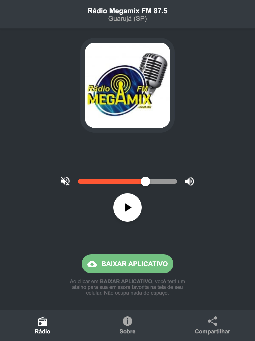 Screenshot do aplicativo da Rádio Megamix FM 87.5