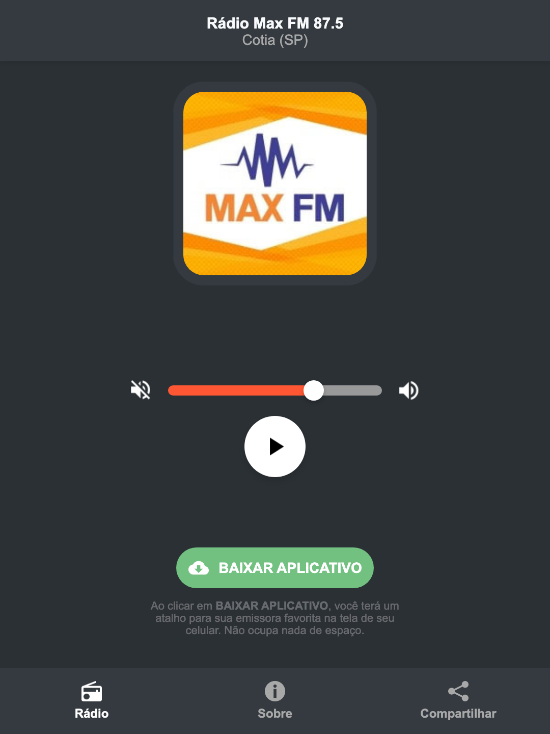 Screenshot do aplicativo da Rádio Max FM 87.5