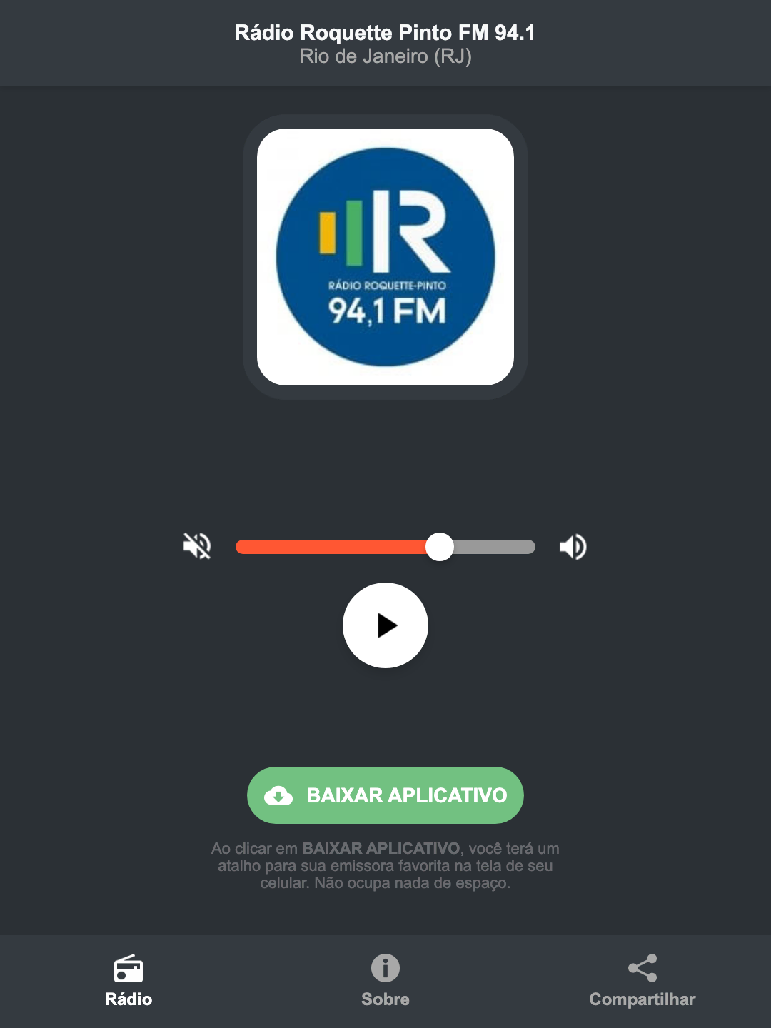 Screenshot do aplicativo da Rádio Roquette Pinto FM 94.1