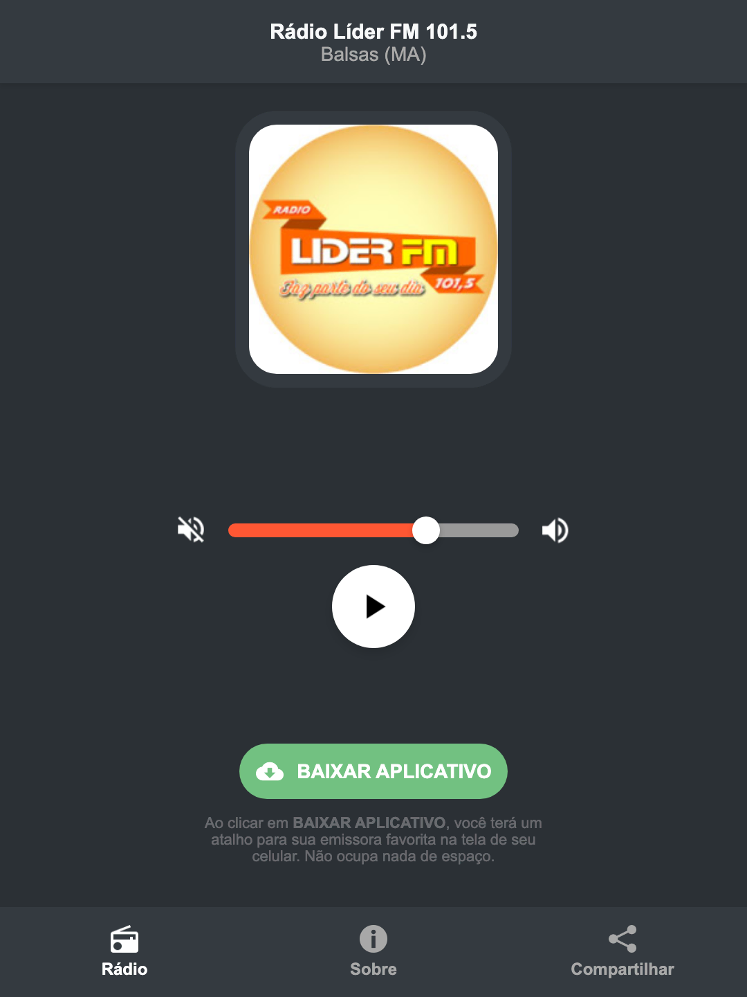 Screenshot do aplicativo da Rádio Líder FM 101.5