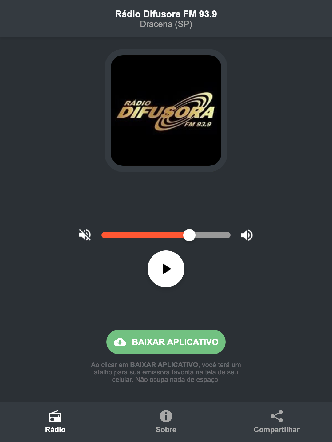 Screenshot do aplicativo da Rádio Difusora FM 93.9