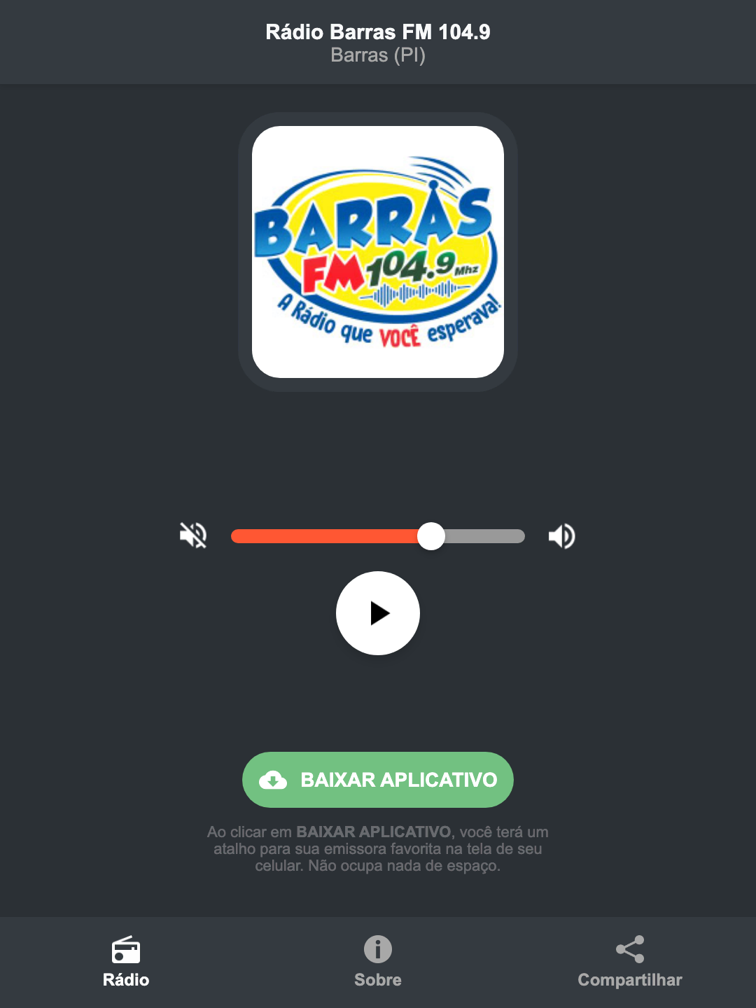 Screenshot do aplicativo da Rádio Barras FM 104.9