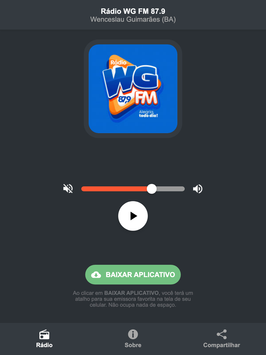 Screenshot do aplicativo da Rádio WG FM 87.9