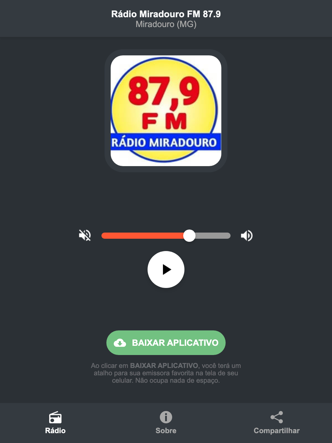 Screenshot do aplicativo da Rádio Miradouro FM 87.9