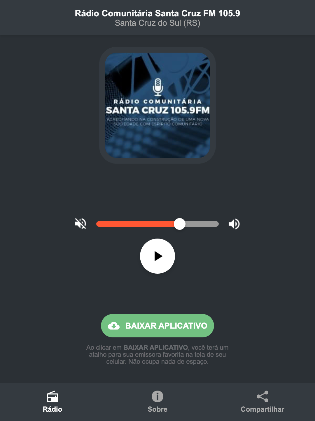 Screenshot do aplicativo da Rádio Comunitária Santa Cruz FM 105.9