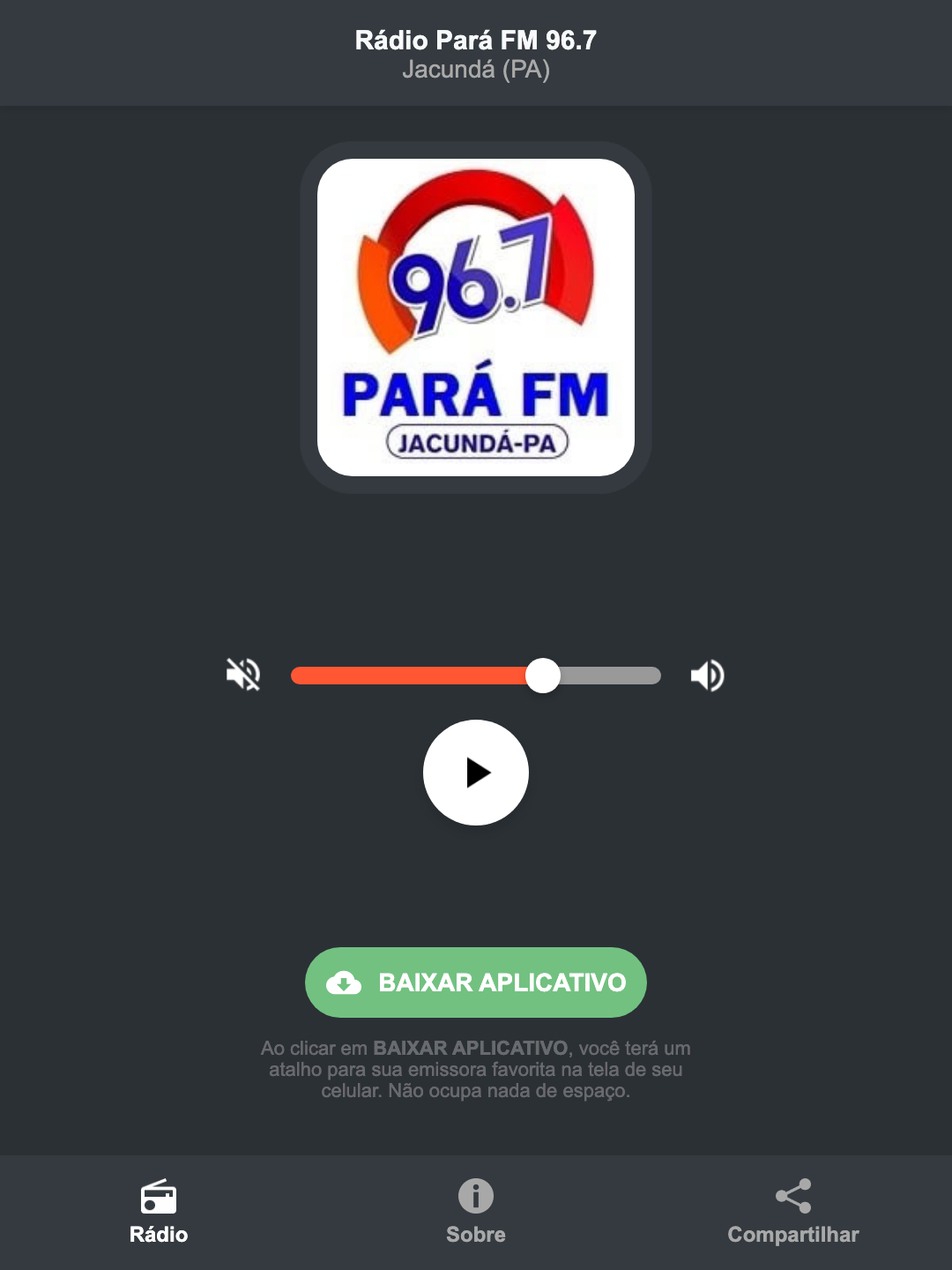 Screenshot do aplicativo da Rádio Pará FM 96.7