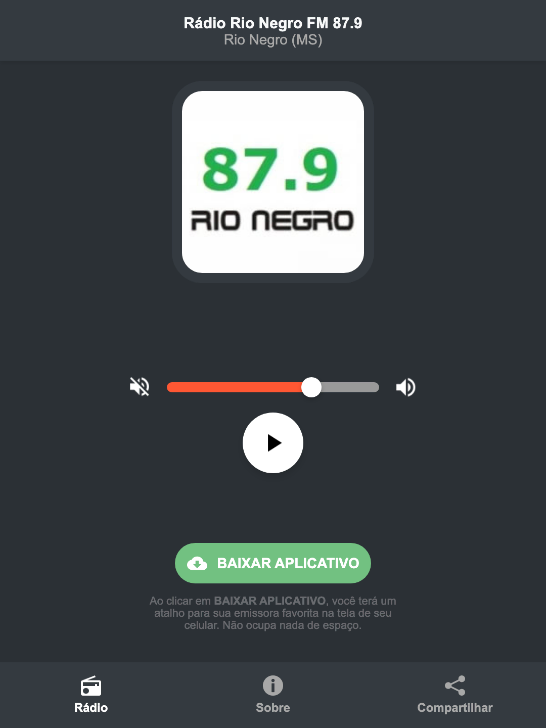 Screenshot do aplicativo da Rádio Rio Negro FM 87.9