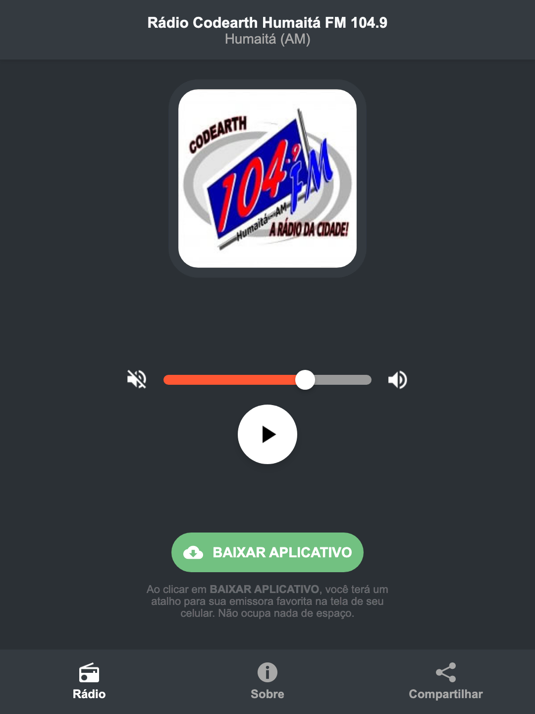Screenshot do aplicativo da Rádio Codearth Humaitá FM 104.9
