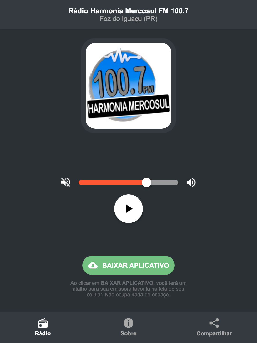 Screenshot do aplicativo da Rádio Harmonia Mercosul FM 100.7