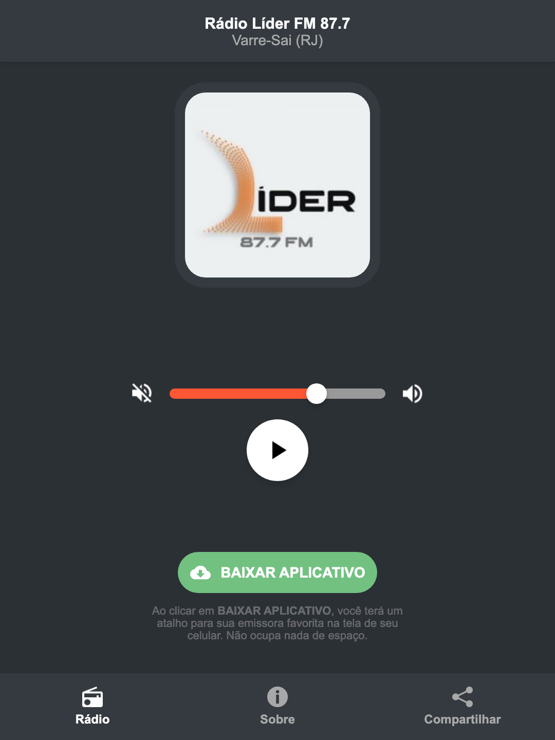 Screenshot do aplicativo da Rádio Líder FM 87.7
