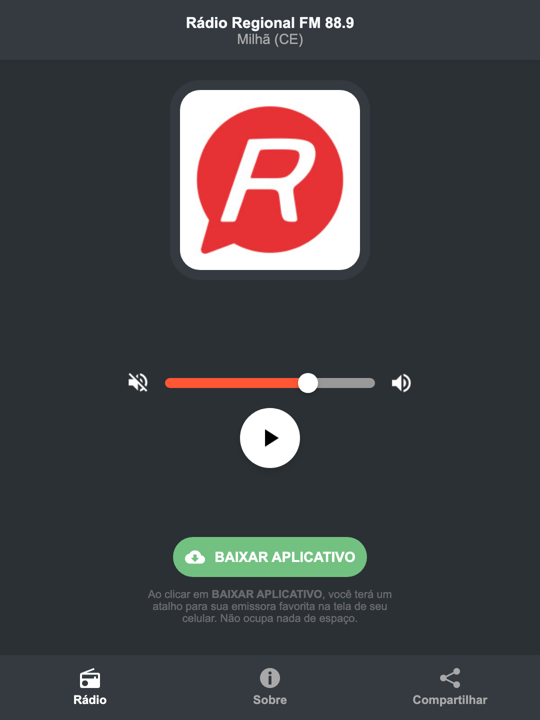 Screenshot do aplicativo da Rádio Regional FM 88.9