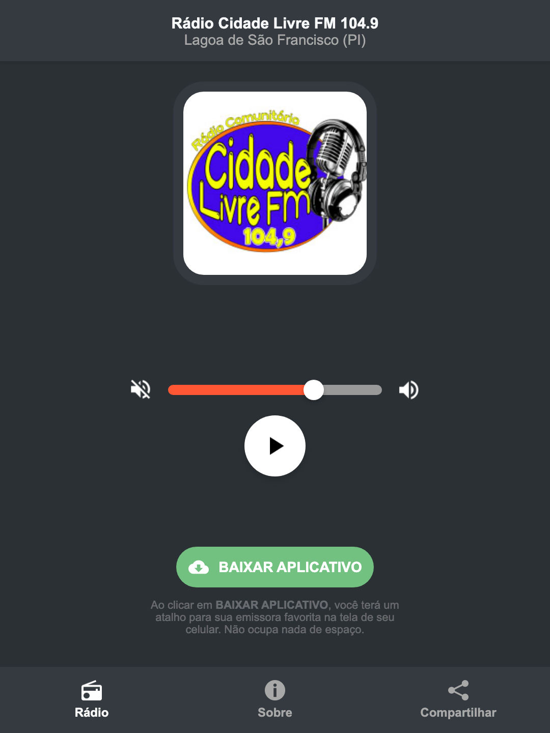 Screenshot do aplicativo da Rádio Cidade Livre FM 104.9