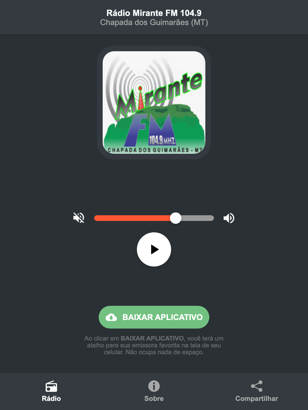 Screenshot do aplicativo da Rádio Mirante FM 104.9