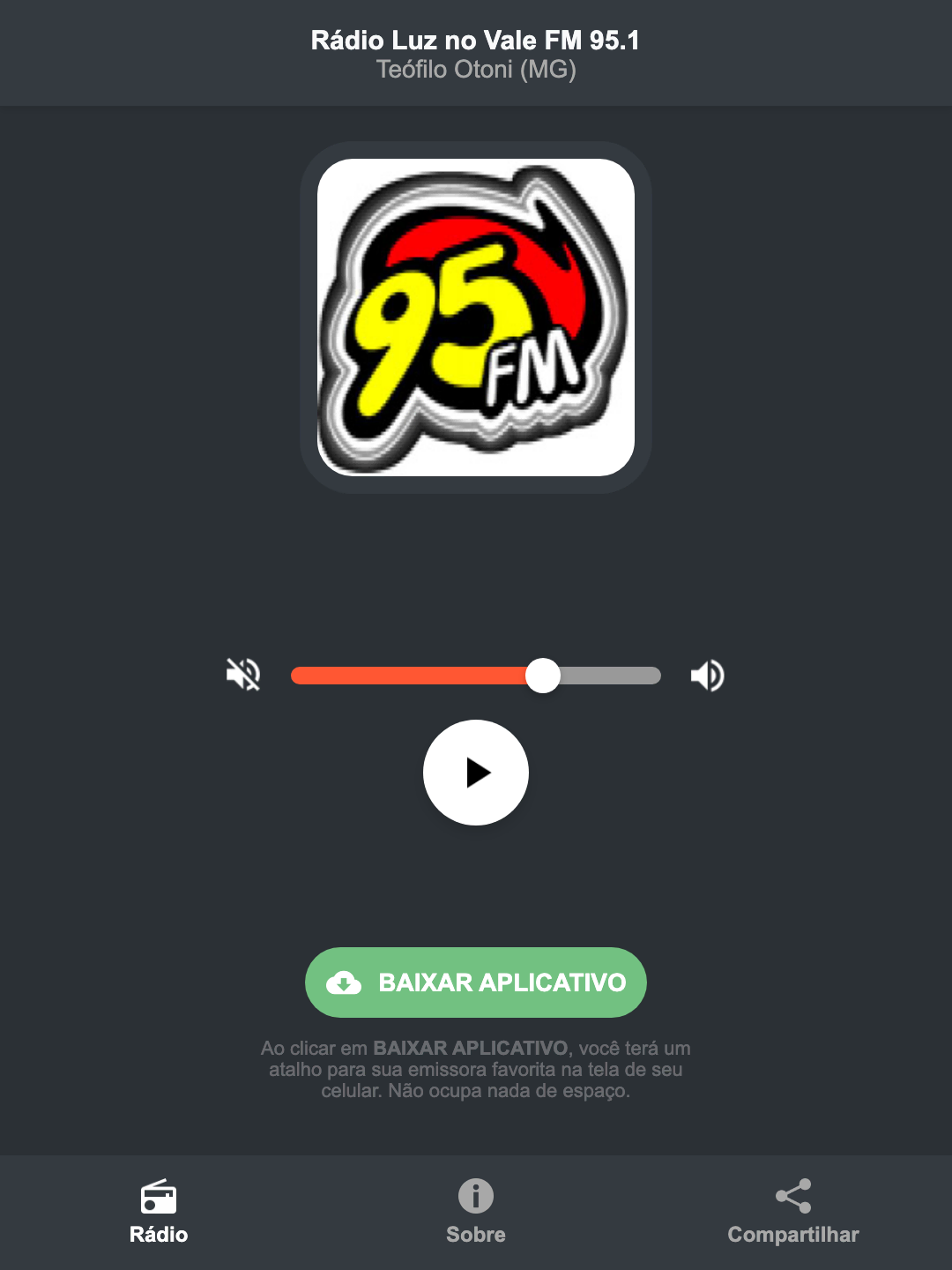 Screenshot do aplicativo da Rádio Luz no Vale FM 95.1