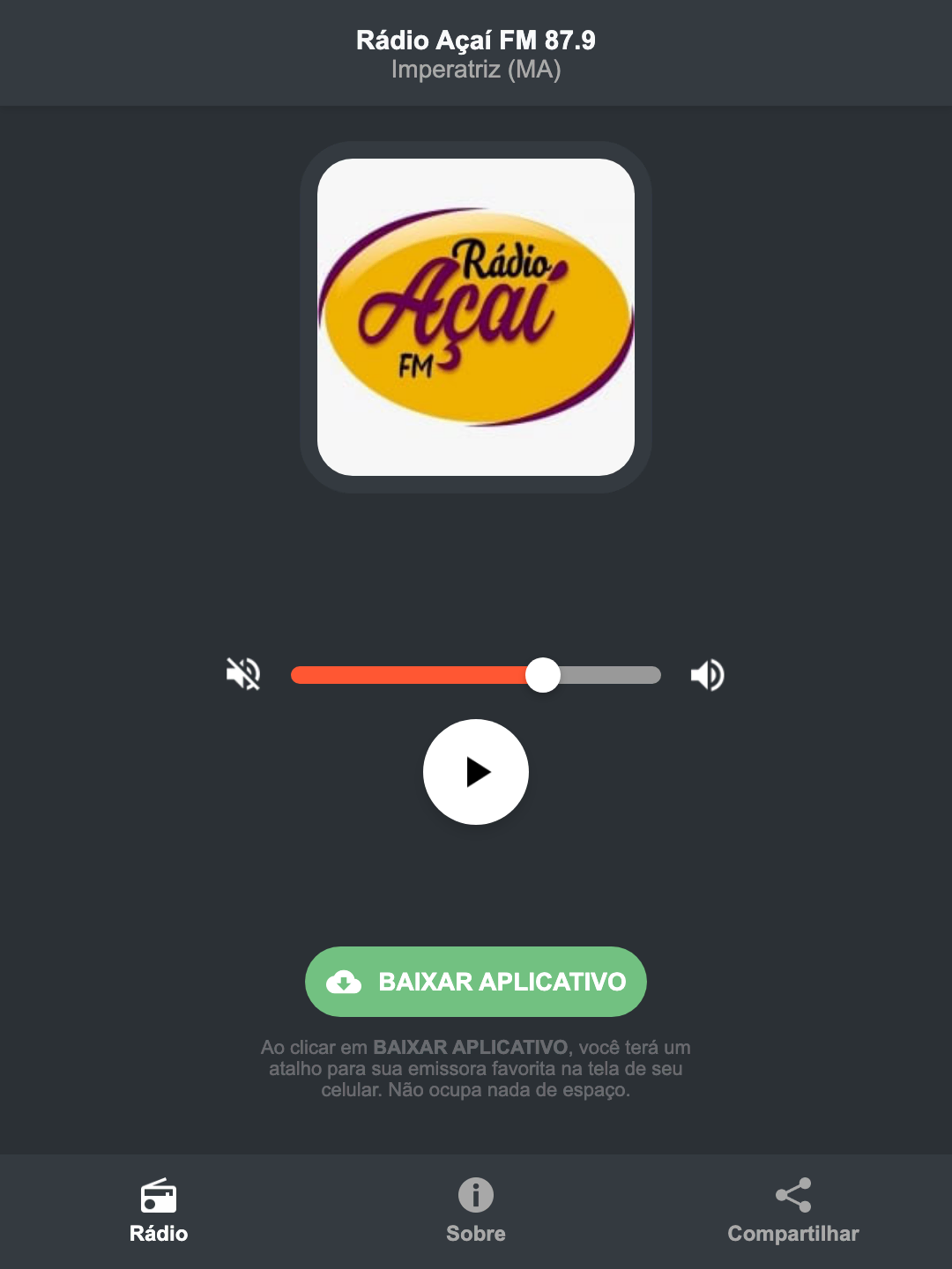 Screenshot do aplicativo da Rádio Açaí FM 87.9