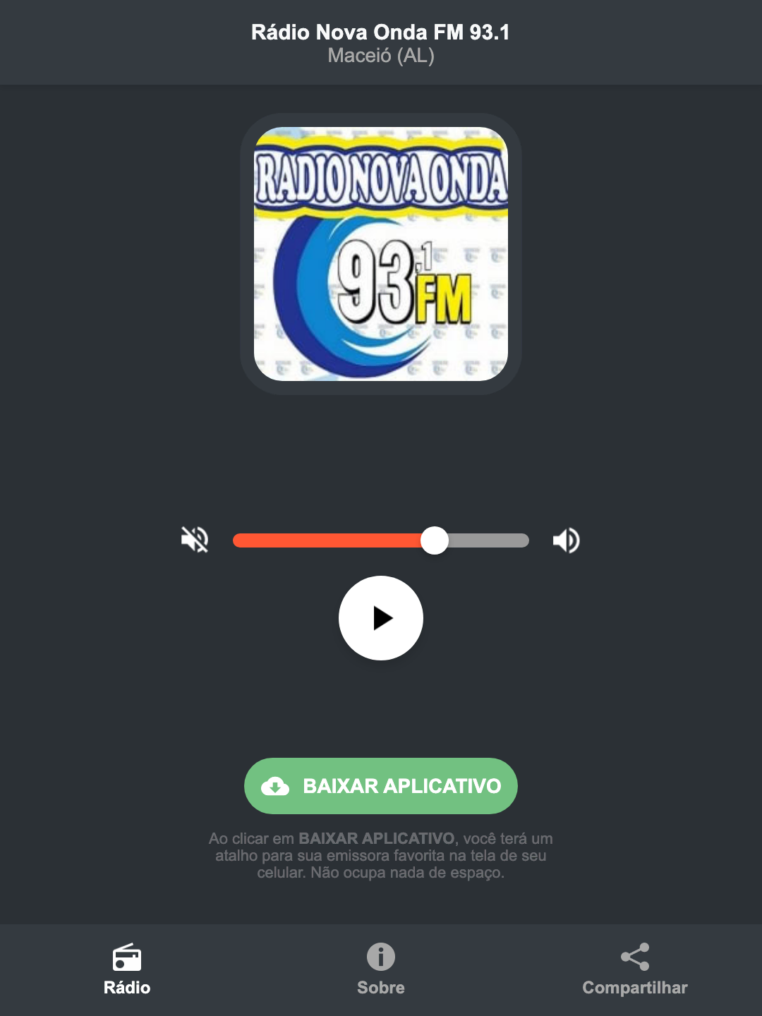 Screenshot do aplicativo da Rádio Nova Onda FM 93.1