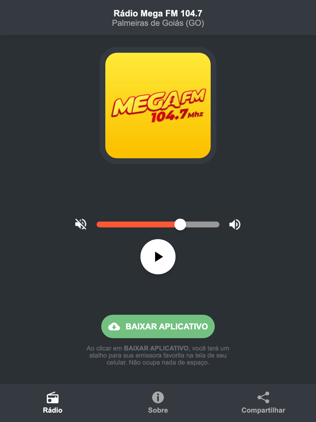 Screenshot do aplicativo da Rádio Mega FM 104.7