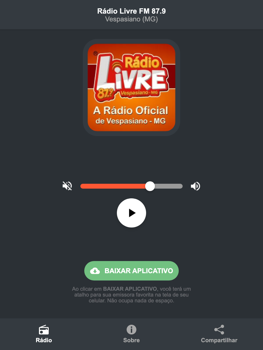 Screenshot do aplicativo da Rádio Livre FM 87.9