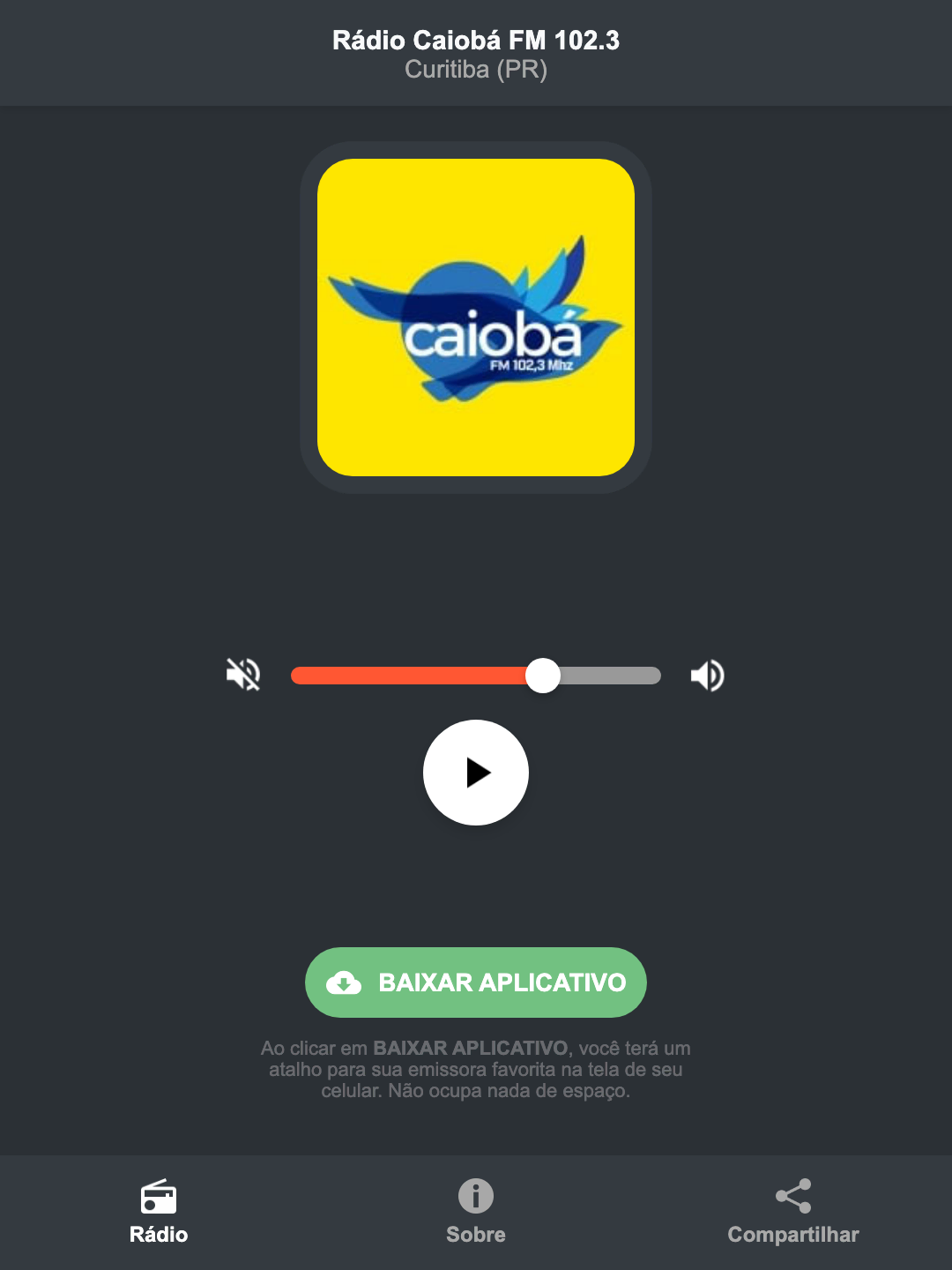 Screenshot do aplicativo da Rádio Caiobá FM 102.3
