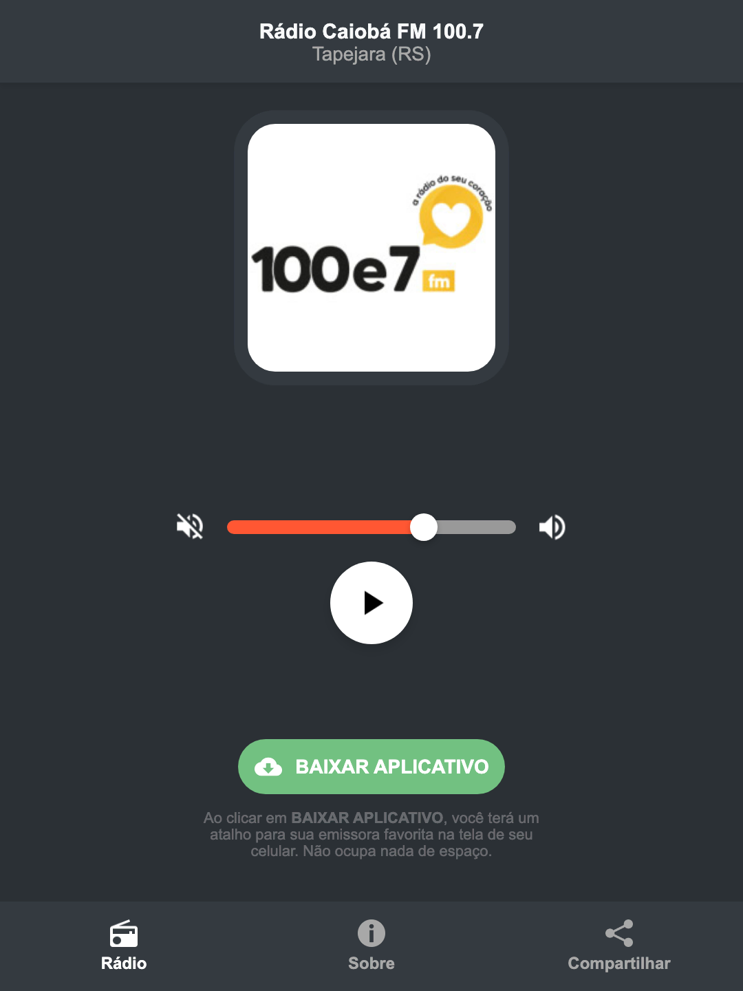 Screenshot do aplicativo da Rádio Caiobá FM 100.7