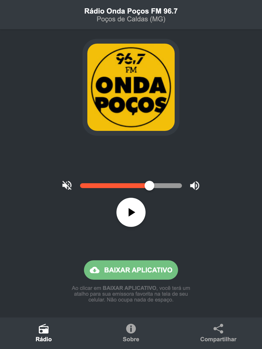 Screenshot do aplicativo da Rádio Onda Poços FM 96.7