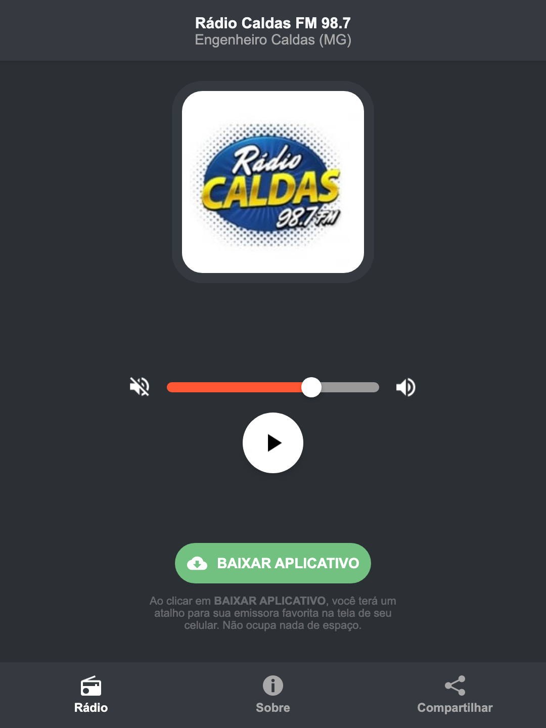 Screenshot do aplicativo da Rádio Caldas FM 98.7