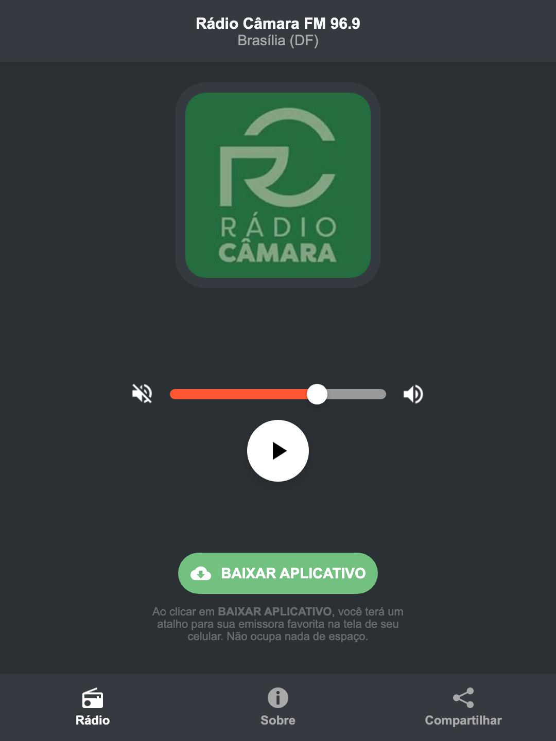 Screenshot do aplicativo da Rádio Câmara FM 96.9