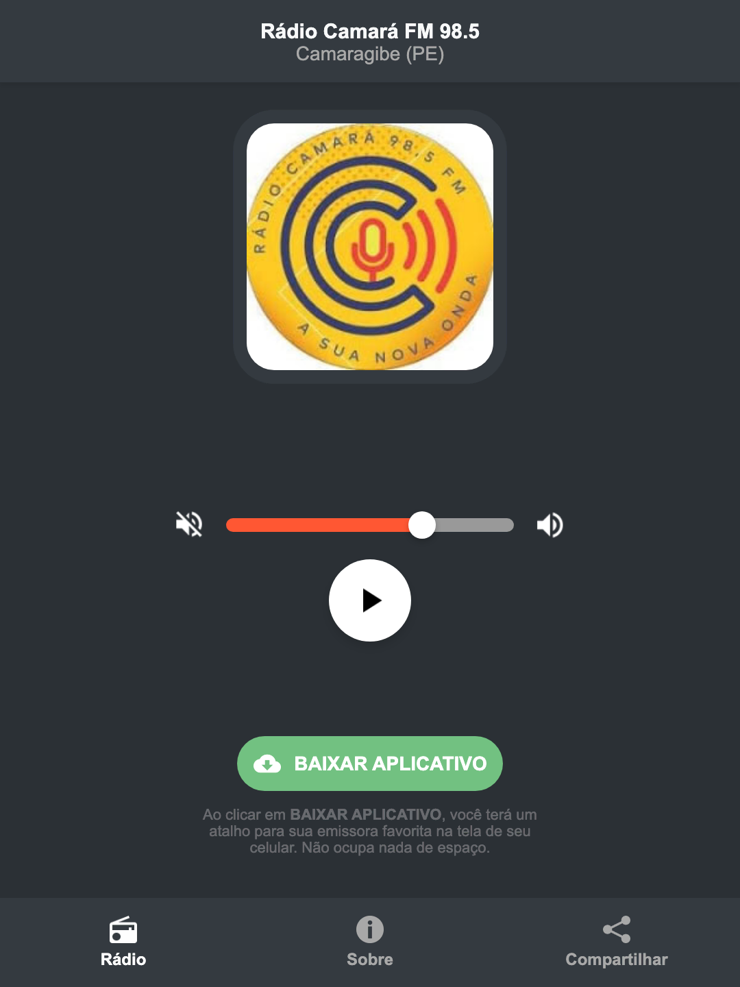 Screenshot do aplicativo da Rádio Camará FM 98.5