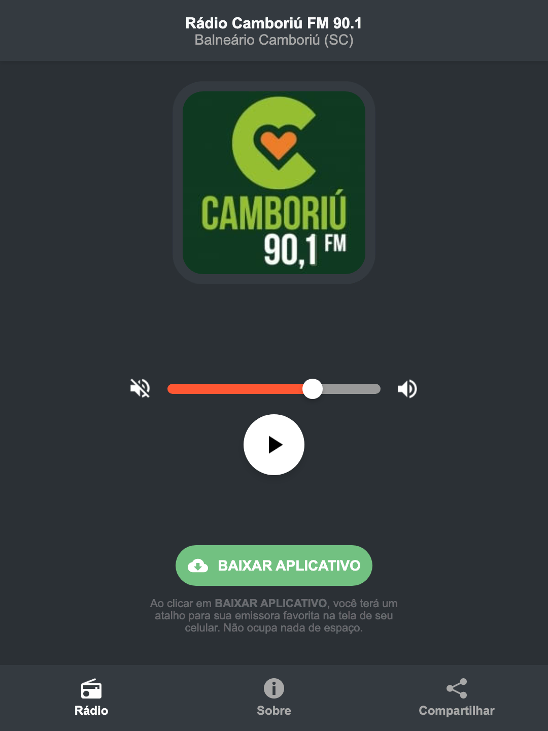 Screenshot do aplicativo da Rádio Camboriú FM 90.1