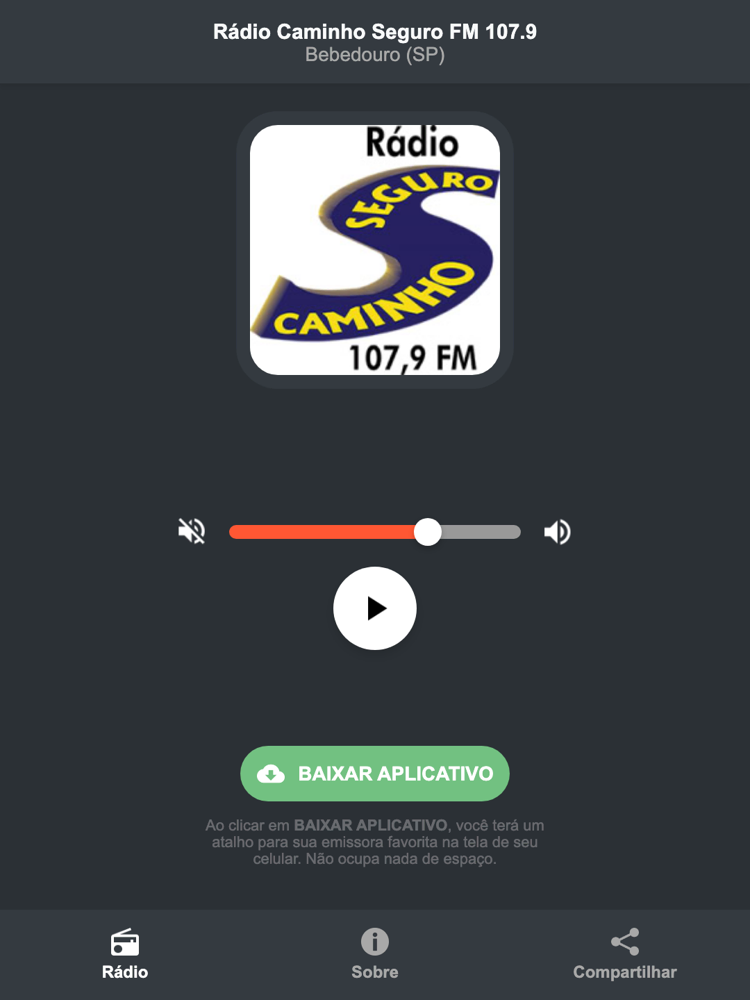 Screenshot do aplicativo da Rádio Caminho Seguro FM 107.9