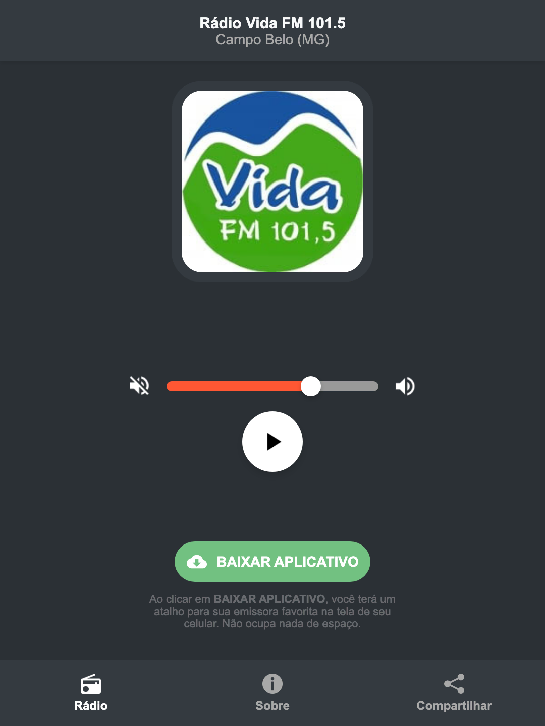 Screenshot do aplicativo da Rádio Vida FM 101.5