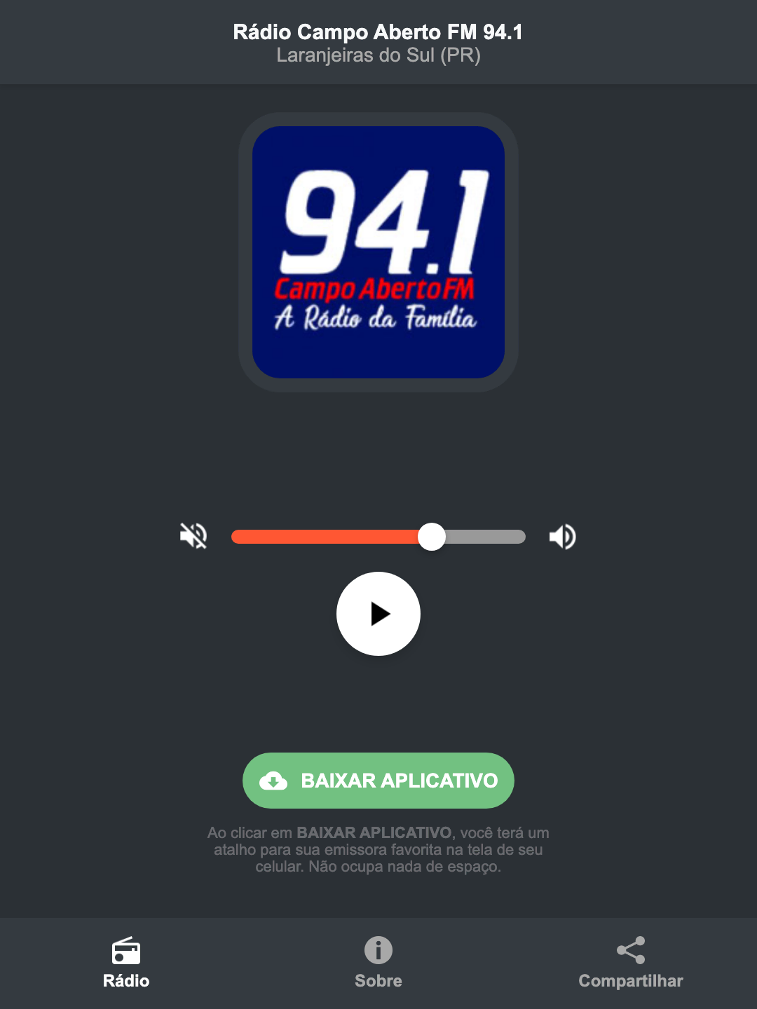 Screenshot do aplicativo da Rádio Campo Aberto FM 94.1