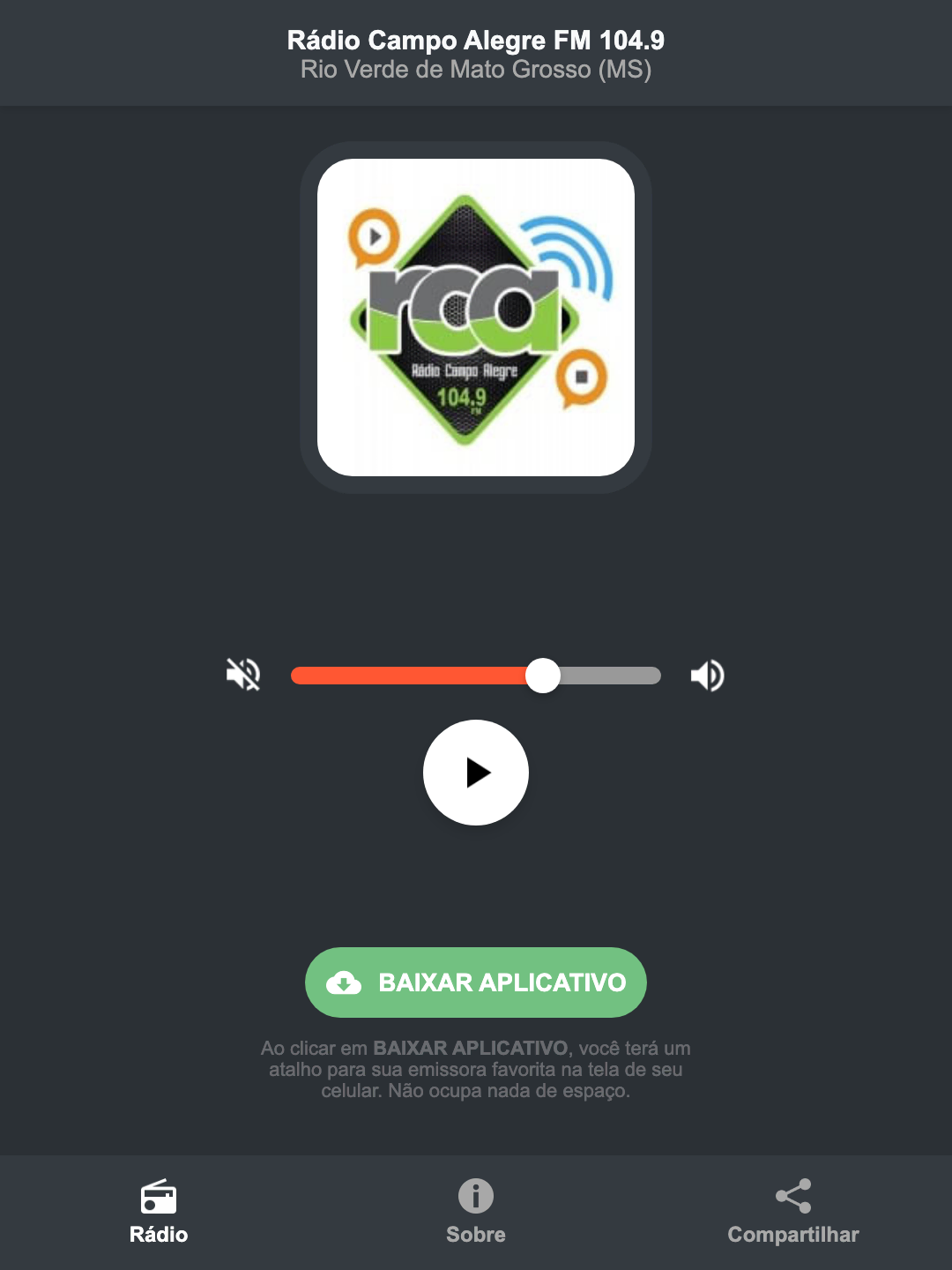 Screenshot do aplicativo da Rádio Campo Alegre FM 104.9