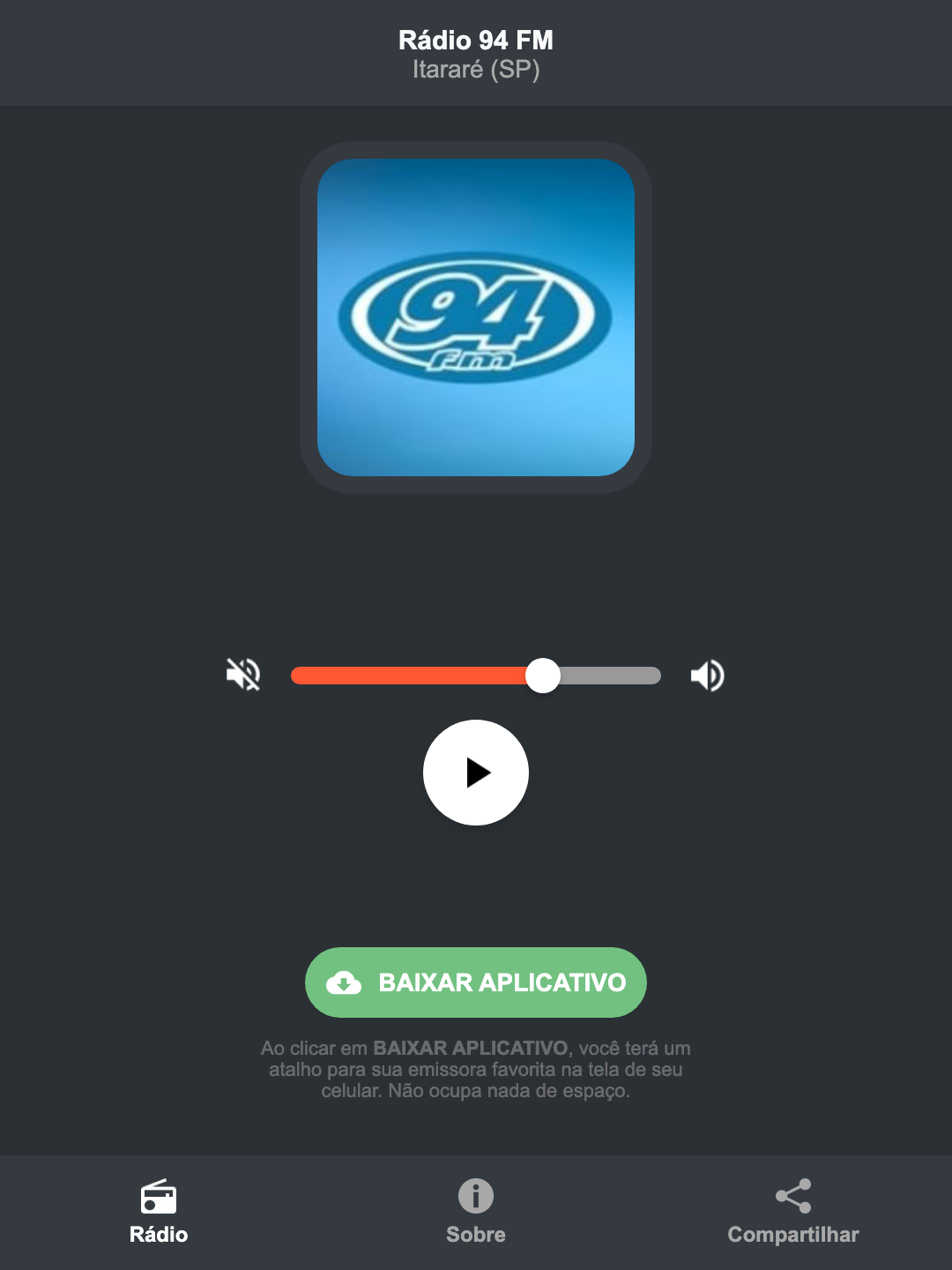 Screenshot do aplicativo da Rádio 94 FM
