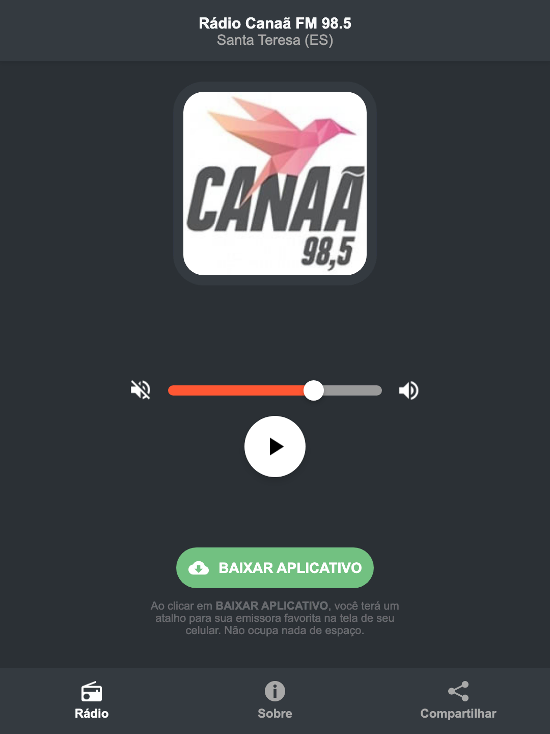 Screenshot do aplicativo da Rádio Canaã FM 98.5
