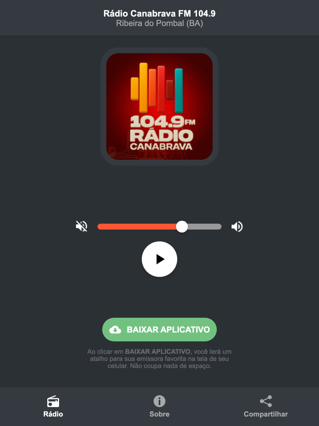 Screenshot do aplicativo da Rádio Canabrava FM 104.9