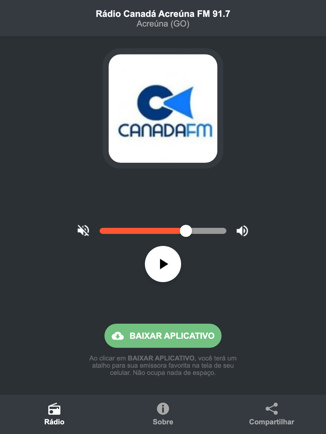 Screenshot do aplicativo da Rádio Canadá Acreúna FM 91.7
