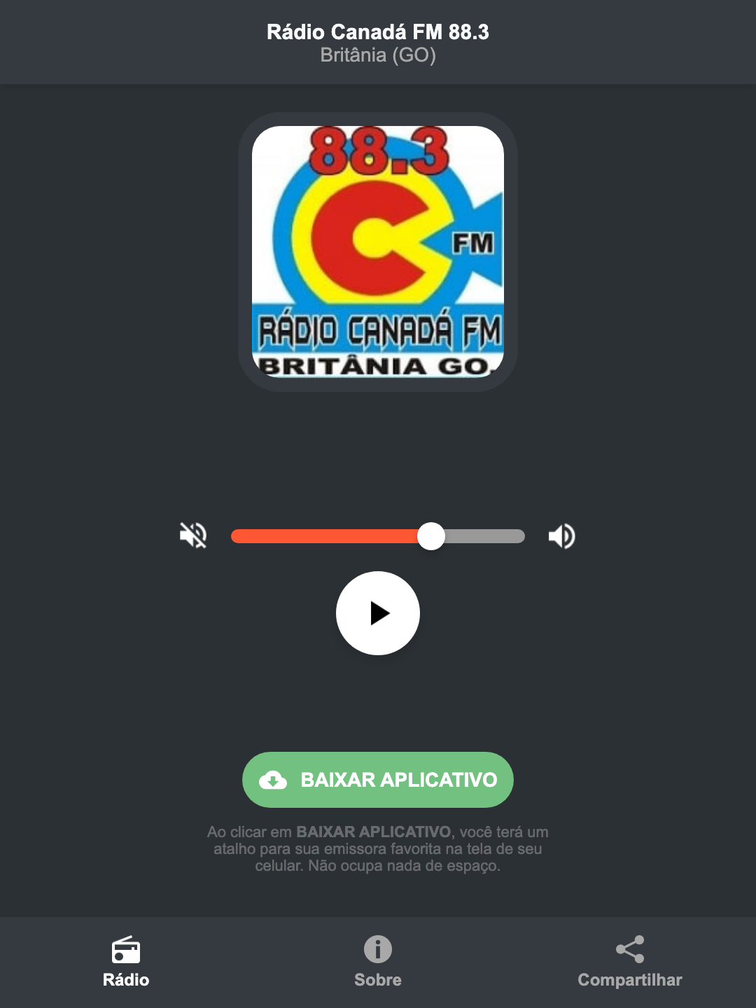Screenshot do aplicativo da Rádio Canadá FM 88.3