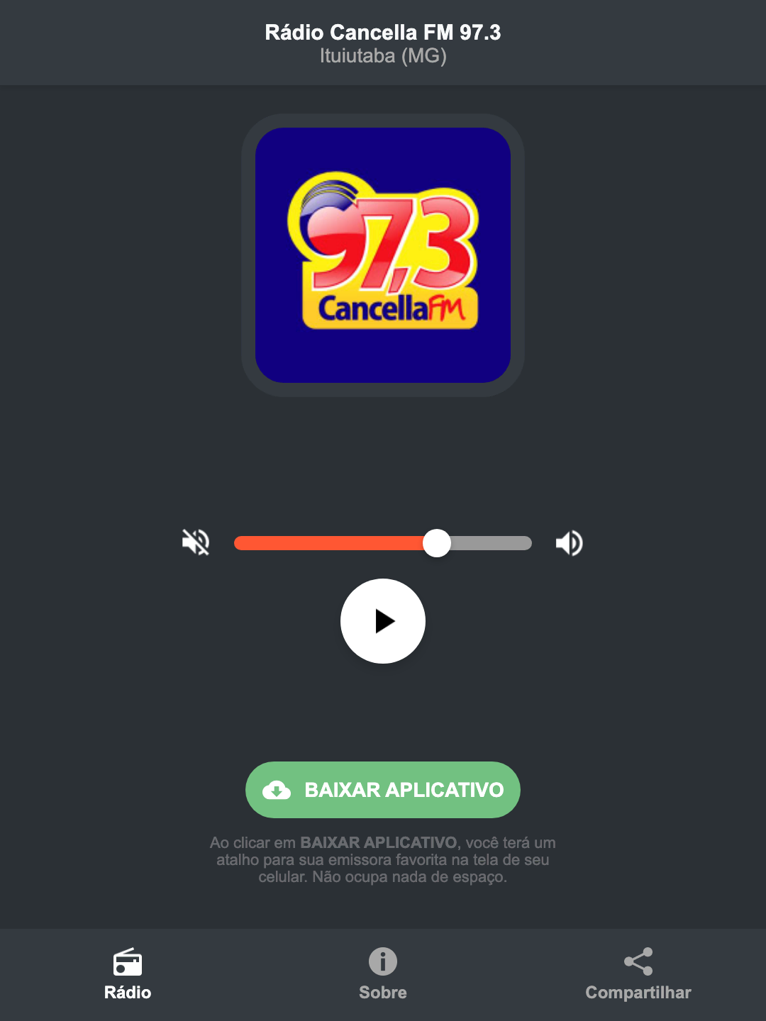 Screenshot do aplicativo da Rádio Cancella FM 97.3