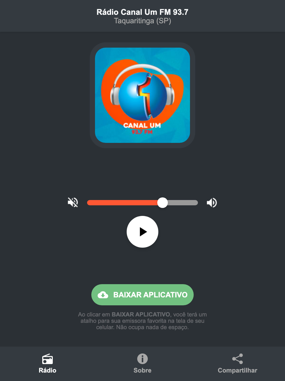 Screenshot do aplicativo da Rádio Canal Um FM 93.7