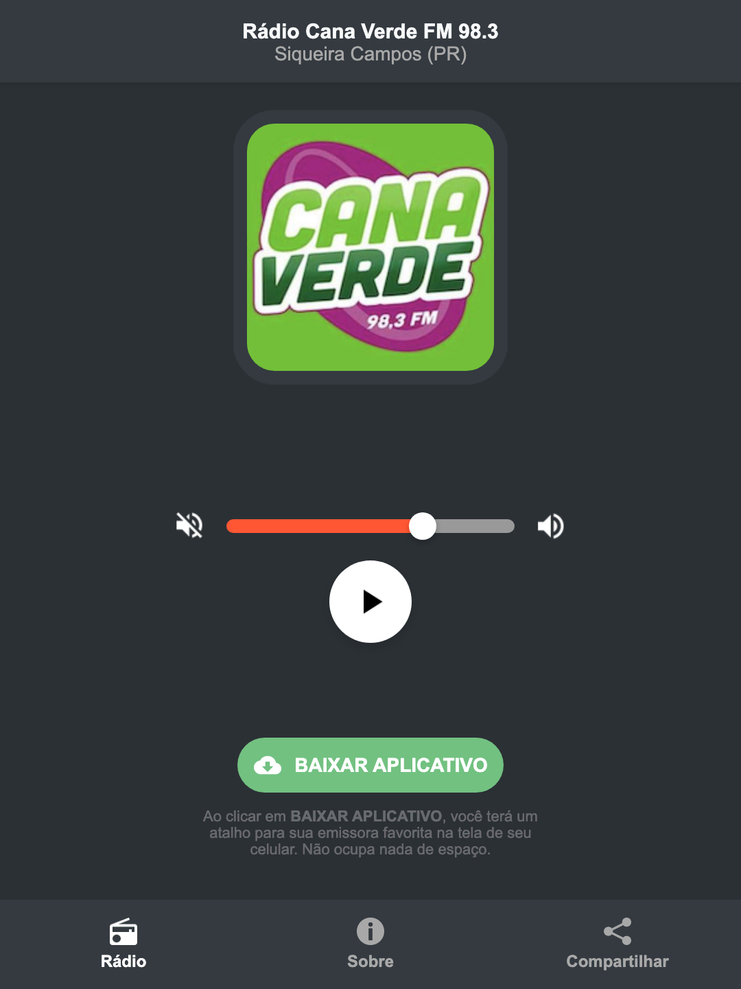 Screenshot do aplicativo da Rádio Cana Verde FM 98.3