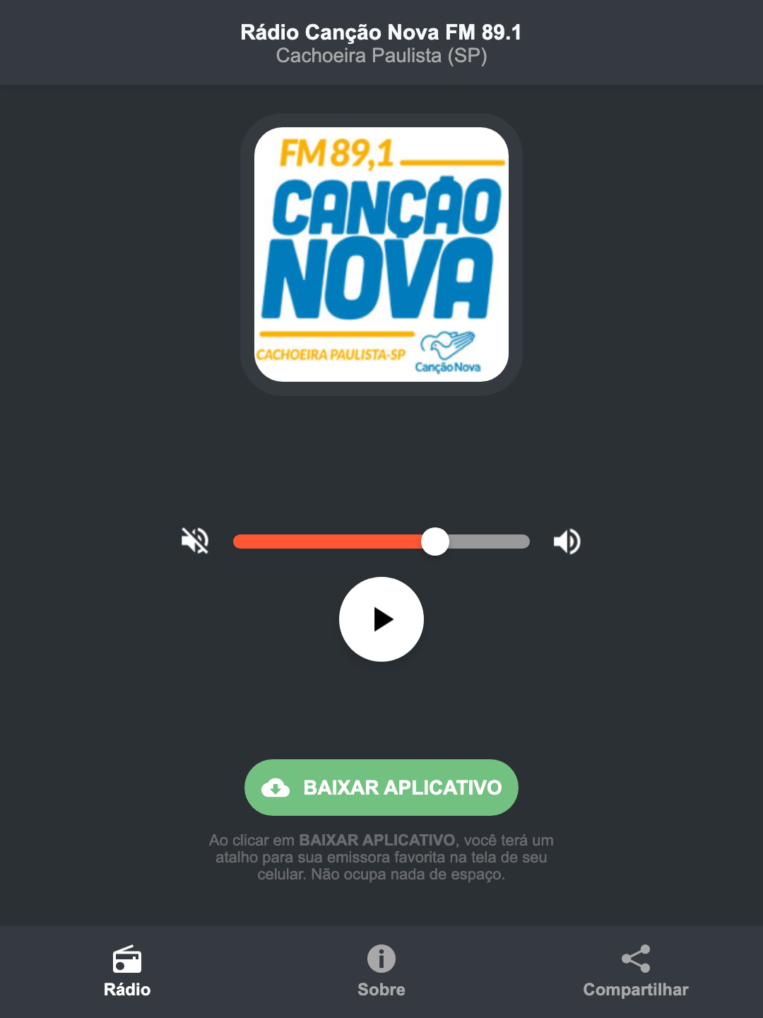 Screenshot do aplicativo da Rádio Canção Nova FM 89.1