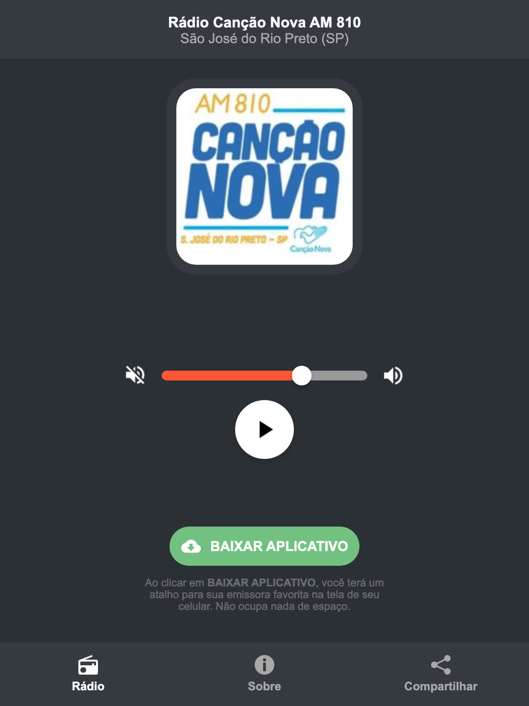 Screenshot do aplicativo da Rádio Canção Nova AM 810