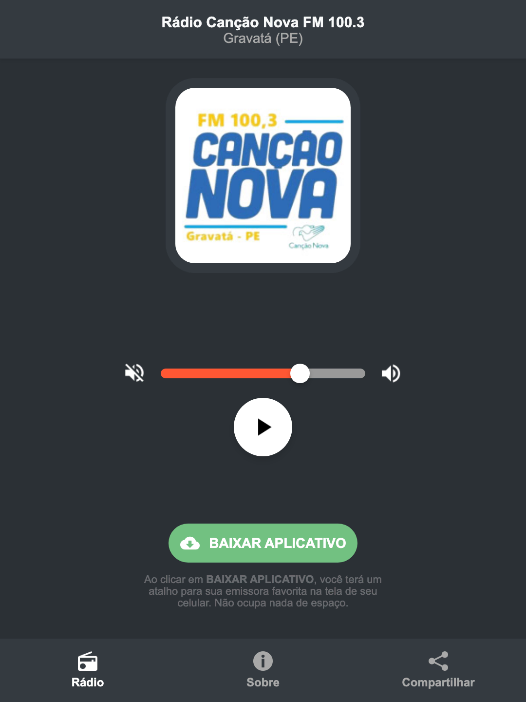 Screenshot do aplicativo da Rádio Canção Nova FM 100.3